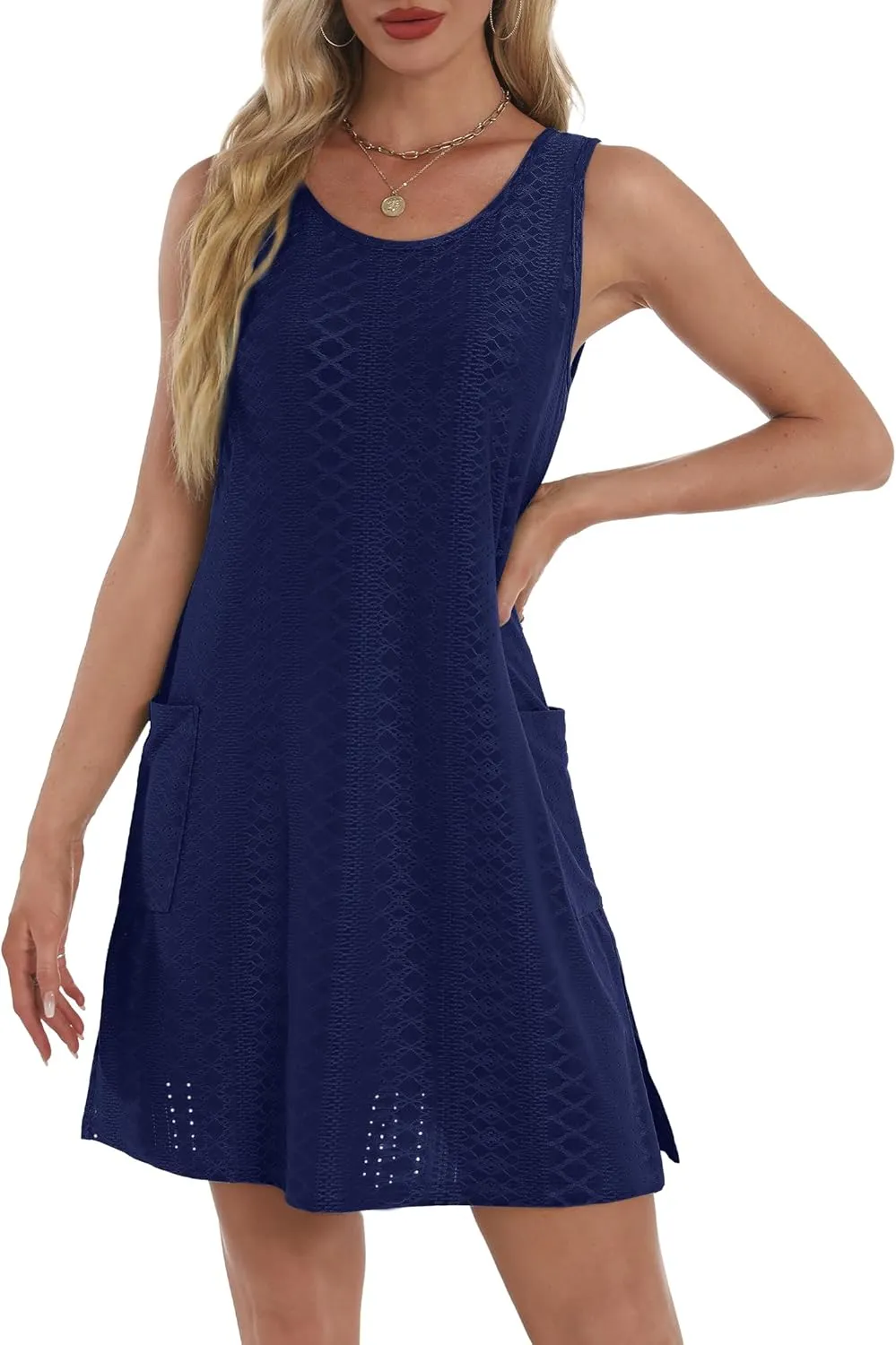 Coverup Summer Dresses for Women 2025 Eyelet Casual Loose Sleeveless Sundresses Tank Dresses with Pockets