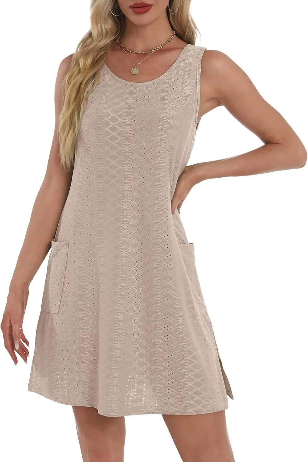 Coverup Summer Dresses for Women 2025 Eyelet Casual Loose Sleeveless Sundresses Tank Dresses with Pockets