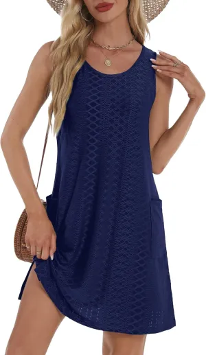 Coverup Summer Dresses for Women 2025 Eyelet Casual Loose Sleeveless Sundresses Tank Dresses with Pockets