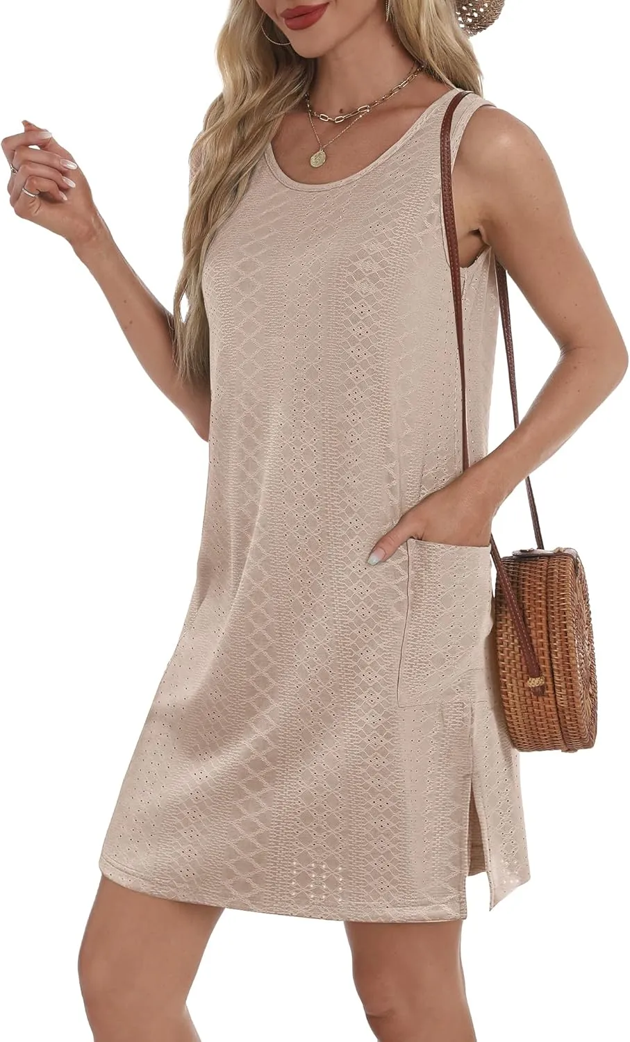 Coverup Summer Dresses for Women 2025 Eyelet Casual Loose Sleeveless Sundresses Tank Dresses with Pockets
