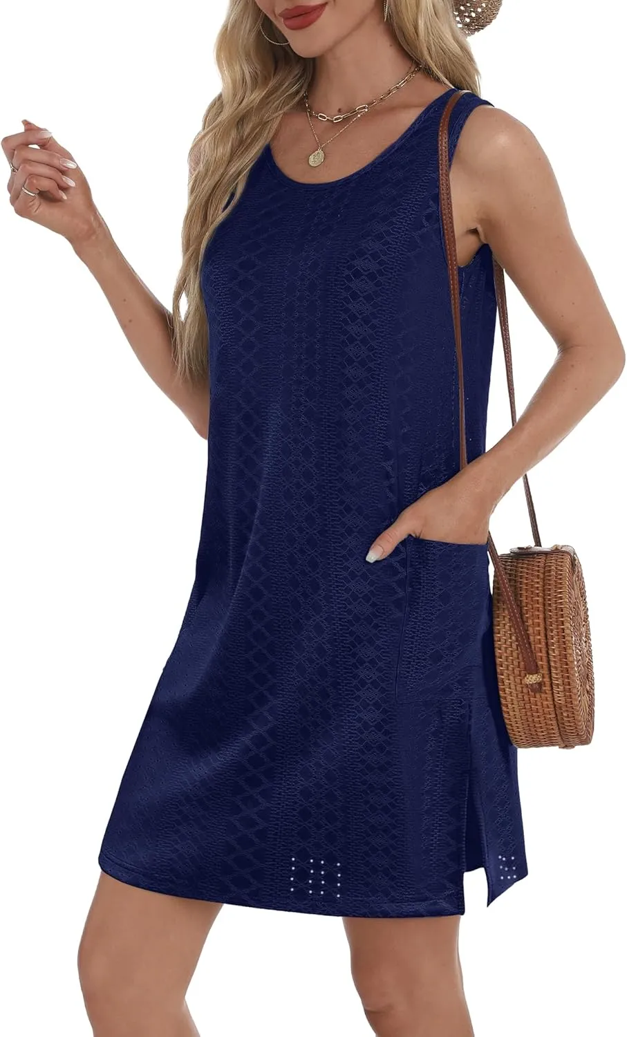 Coverup Summer Dresses for Women 2025 Eyelet Casual Loose Sleeveless Sundresses Tank Dresses with Pockets