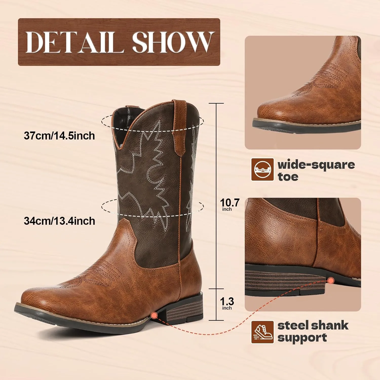 Cowboy Boots For Men with Wide Square Toe Western Retro Boot Durable Classic Fashionable Embroidered Country Pull On Slip Resistant Boots