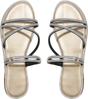 COZYEASE Women's Glitter Rhinestone Decor Flat Sandals Criss Cross Strappy Slides Open Toe Slippers Light Gold 6.5