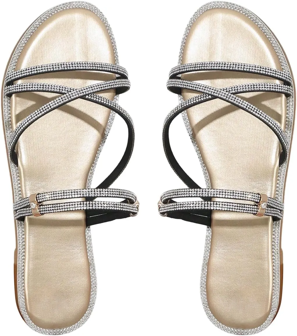 COZYEASE Women's Glitter Rhinestone Decor Flat Sandals Criss Cross Strappy Slides Open Toe Slippers Light Gold 6.5