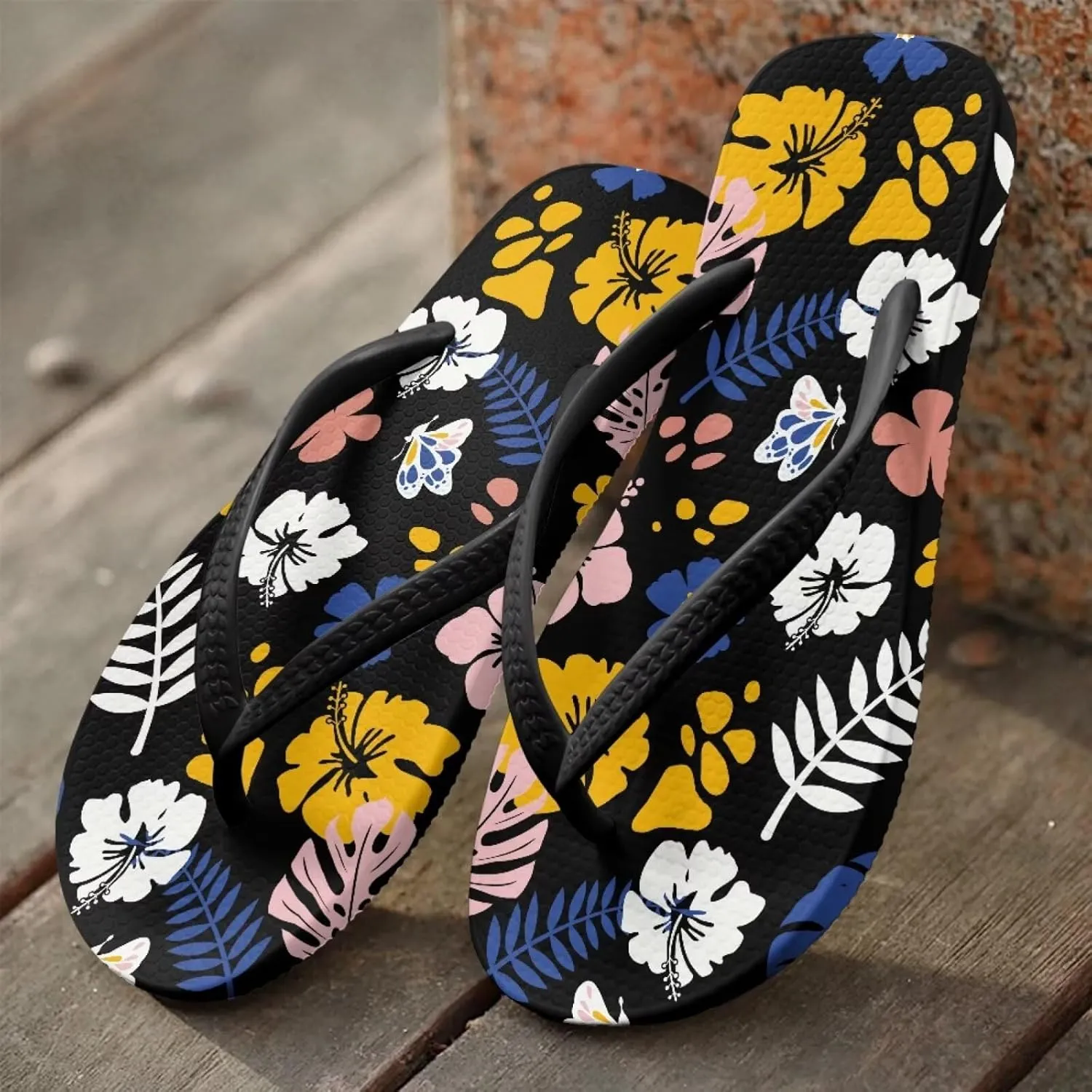 Creative Tropical Floral Print Women Flip Flops Lightweight Shower Slippers Stylish Casual Beach Sandals Summer Vacation