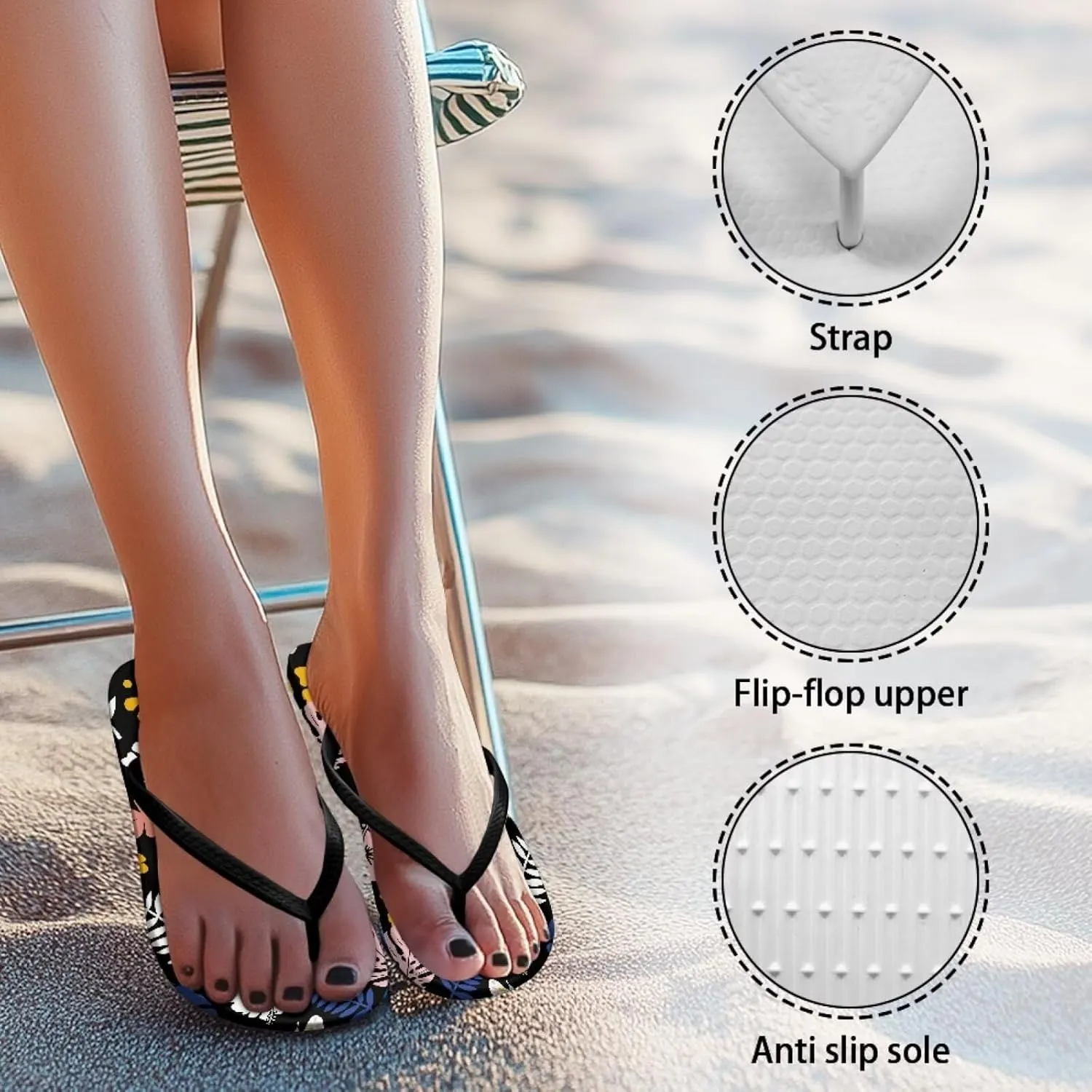 Creative Tropical Floral Print Women Flip Flops Lightweight Shower Slippers Stylish Casual Beach Sandals Summer Vacation
