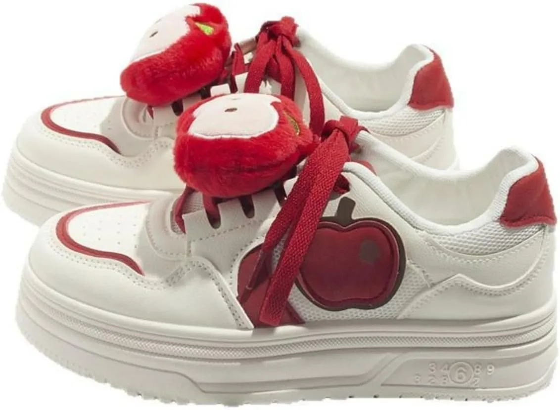 Cute Apple Sneakers for Women Lace-Up Platforms Cartoon Girl Cat & Fish Skate Shoes Thick Sole Height Increase Walking Cute Shoes