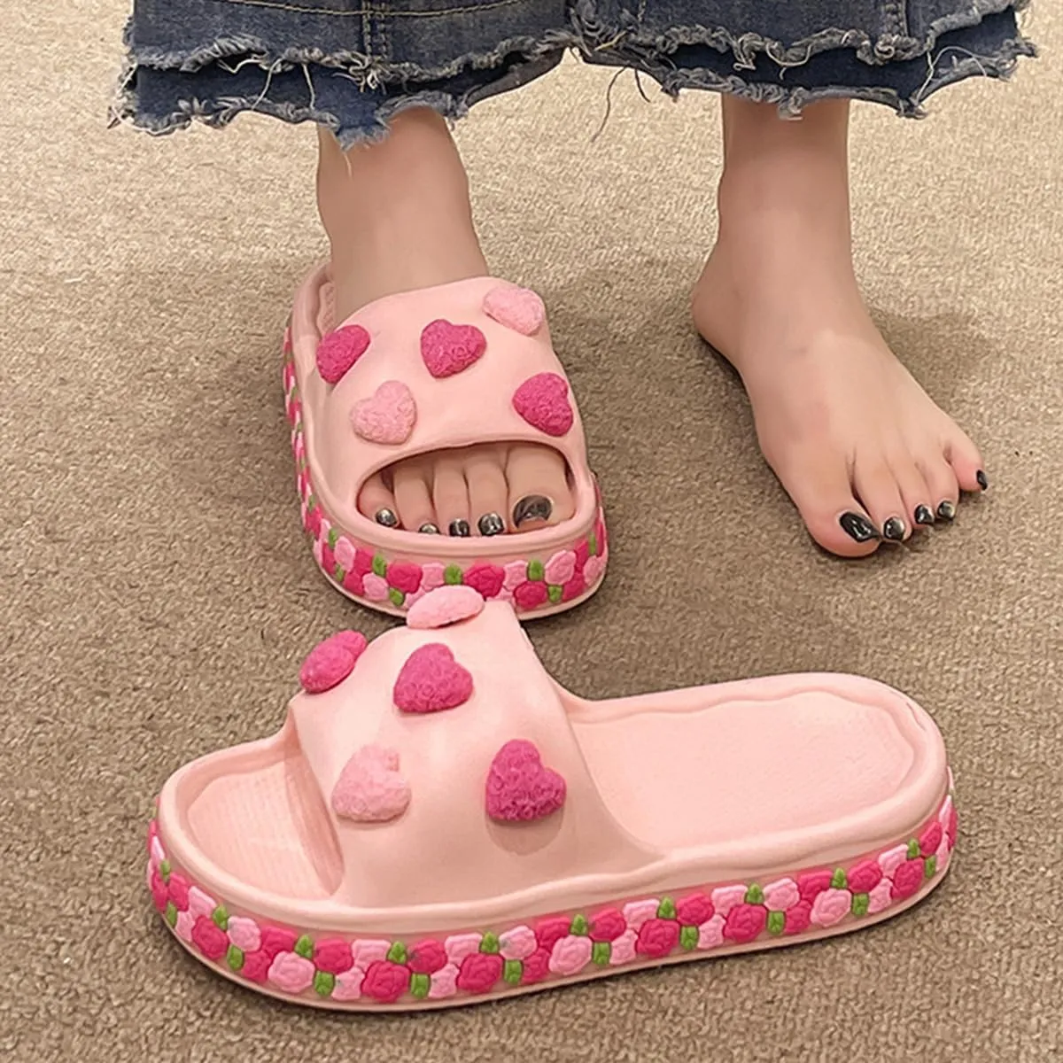 Cute Heart Flower Flip-Flops for Women - Fashionable Outdoor and Indoor Slip-On Sandals with Thick Anti-Slip Sole for Summer