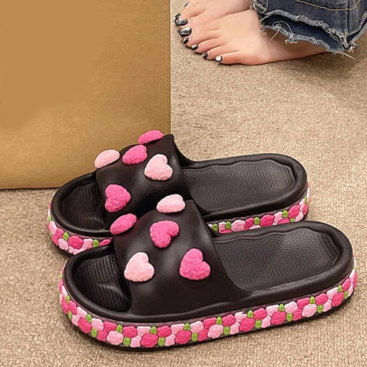 Cute Heart Flower Flip-Flops for Women - Fashionable Outdoor and Indoor Slip-On Sandals with Thick Anti-Slip Sole for Summer