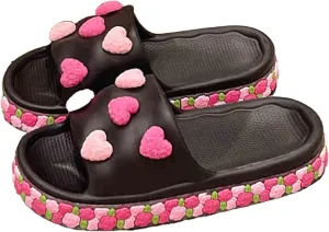 Cute Heart Flower Flip-Flops for Women - Fashionable Outdoor and Indoor Slip-On Sandals with Thick Anti-Slip Sole for Summer