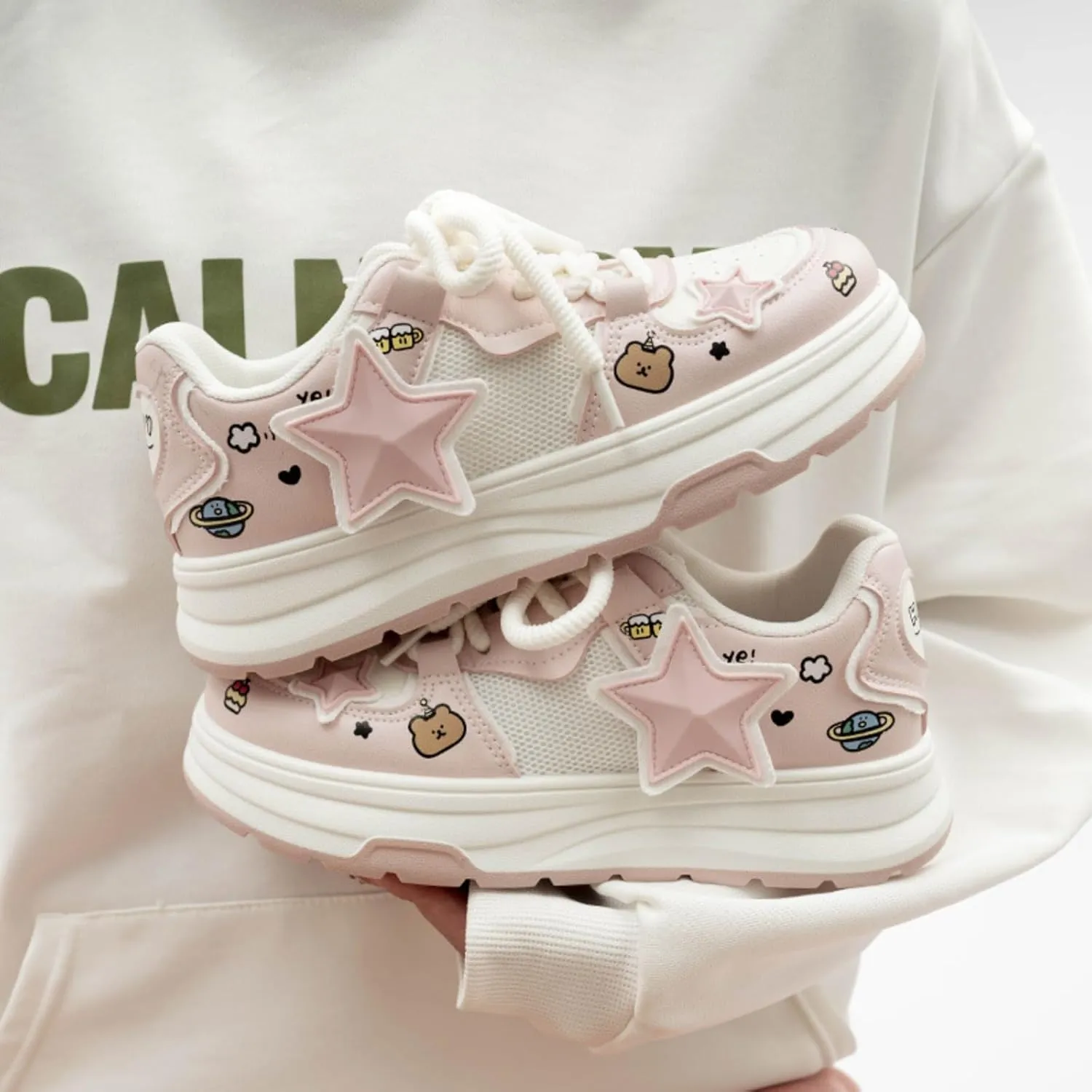 Cute Stars & Graffiti White Sneakers for Women Platforms Bear & Heart Decor Mesh Lace-up 1.6" Rubber Thick Sole Height Increase Cute Walking Shoes