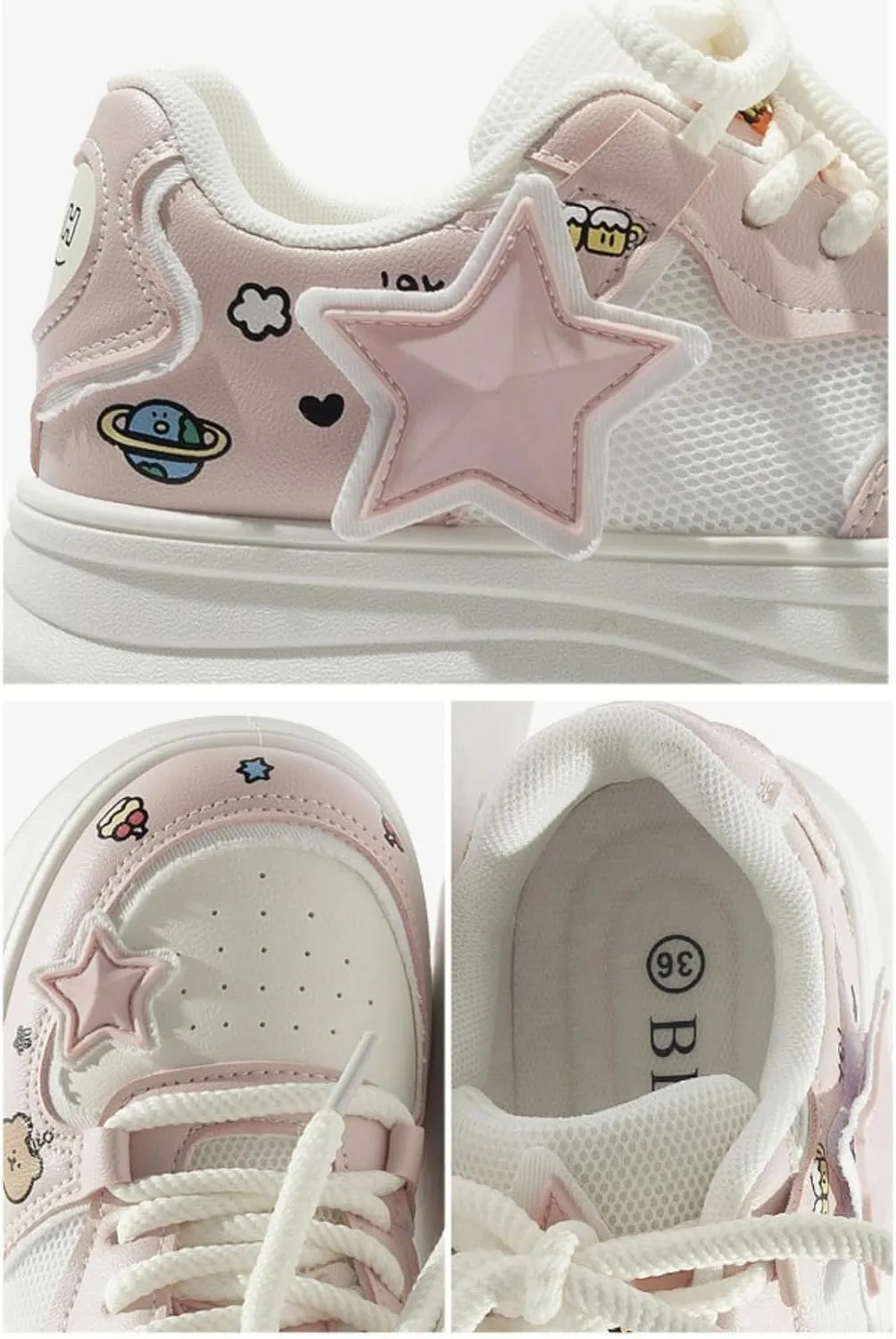 Cute Stars & Graffiti White Sneakers for Women Platforms Bear & Heart Decor Mesh Lace-up 1.6" Rubber Thick Sole Height Increase Cute Walking Shoes