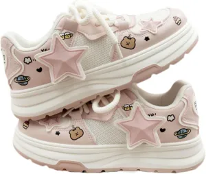 Cute Stars & Graffiti White Sneakers for Women Platforms Bear & Heart Decor Mesh Lace-up 1.6" Rubber Thick Sole Height Increase Cute Walking Shoes