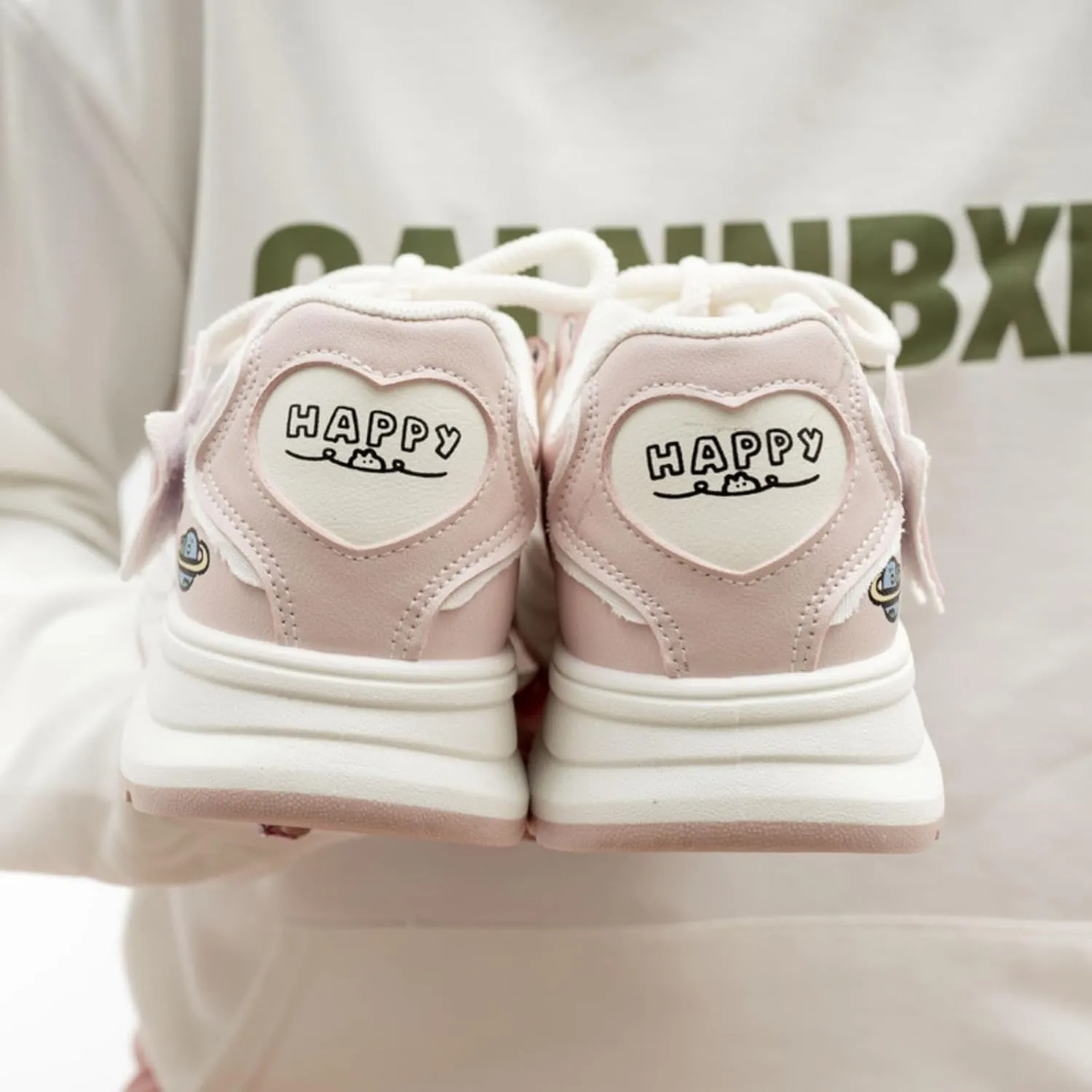 Cute Stars & Graffiti White Sneakers for Women Platforms Bear & Heart Decor Mesh Lace-up 1.6" Rubber Thick Sole Height Increase Cute Walking Shoes