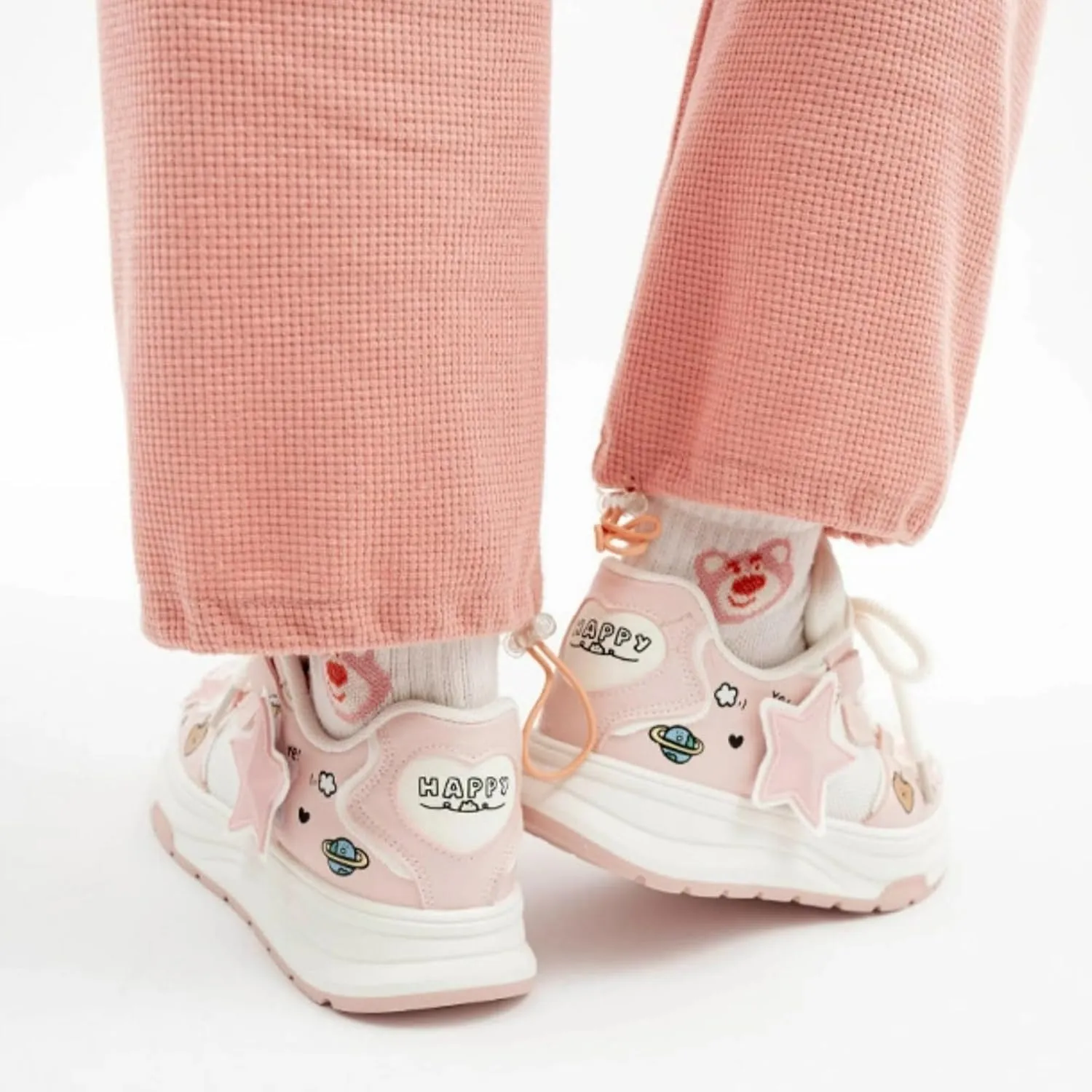 Cute Stars & Graffiti White Sneakers for Women Platforms Bear & Heart Decor Mesh Lace-up 1.6" Rubber Thick Sole Height Increase Cute Walking Shoes