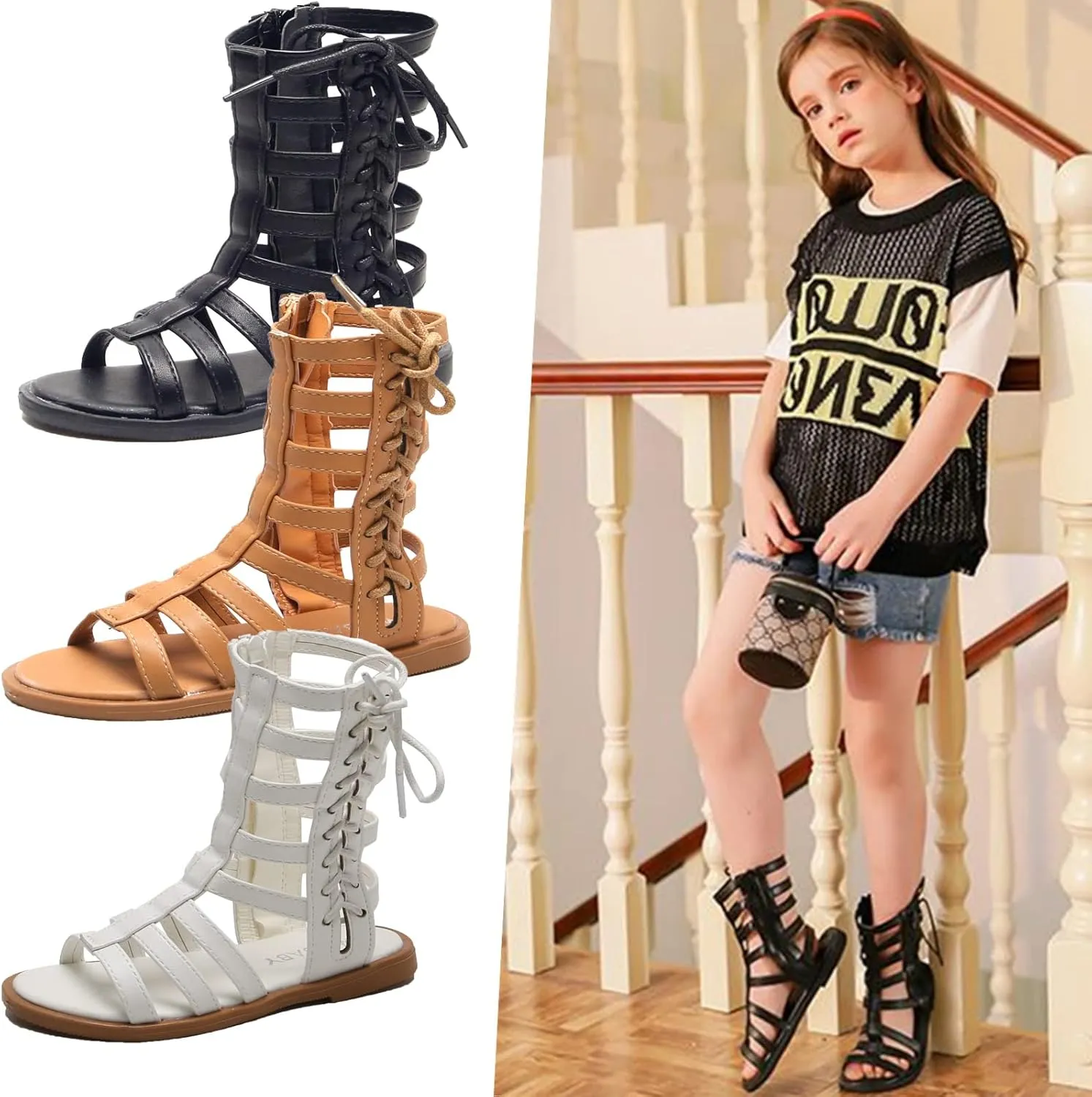 DADAWEN Toddler Girls Sandals Summer Open Toe Strapped Gladiator Sandals With Side Zipper (Toddler/Little Kid)