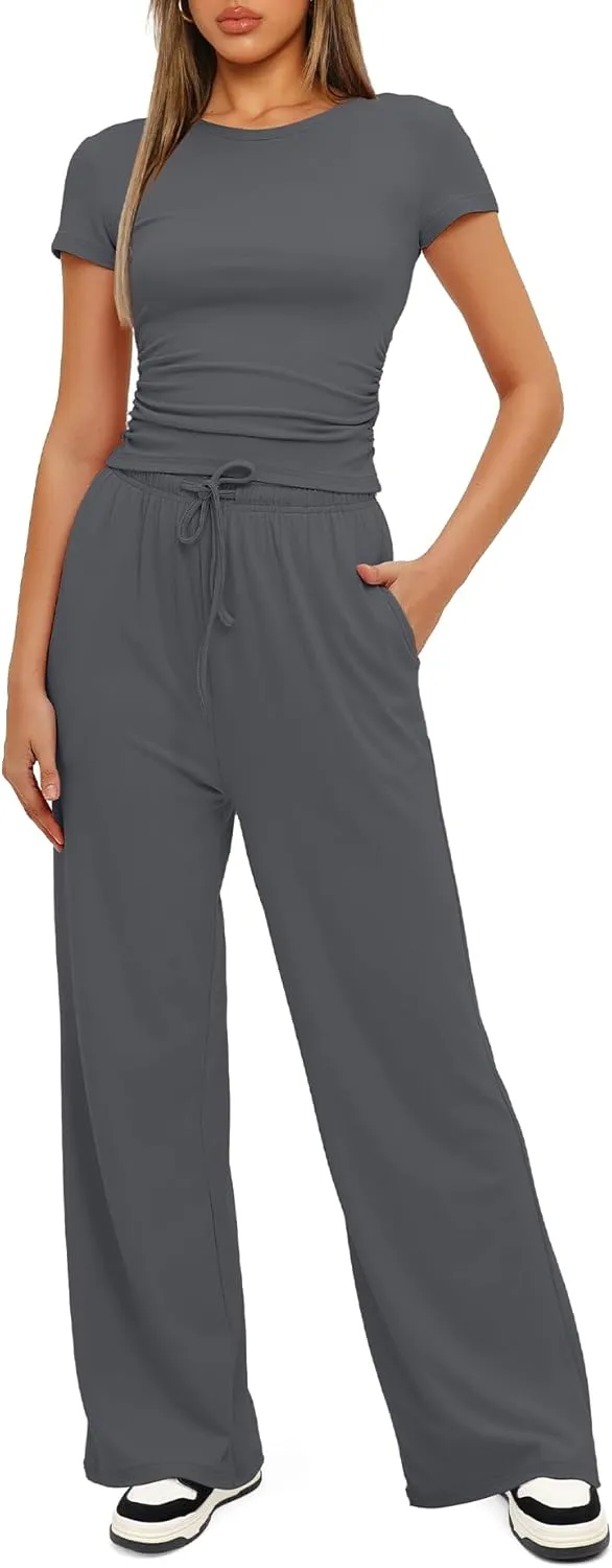 Darong Women's 2 Piece Outfits Lounge Sets Ruched Short Sleeve Tops High Waisted Wide Leg Pants Tracksuit Sets