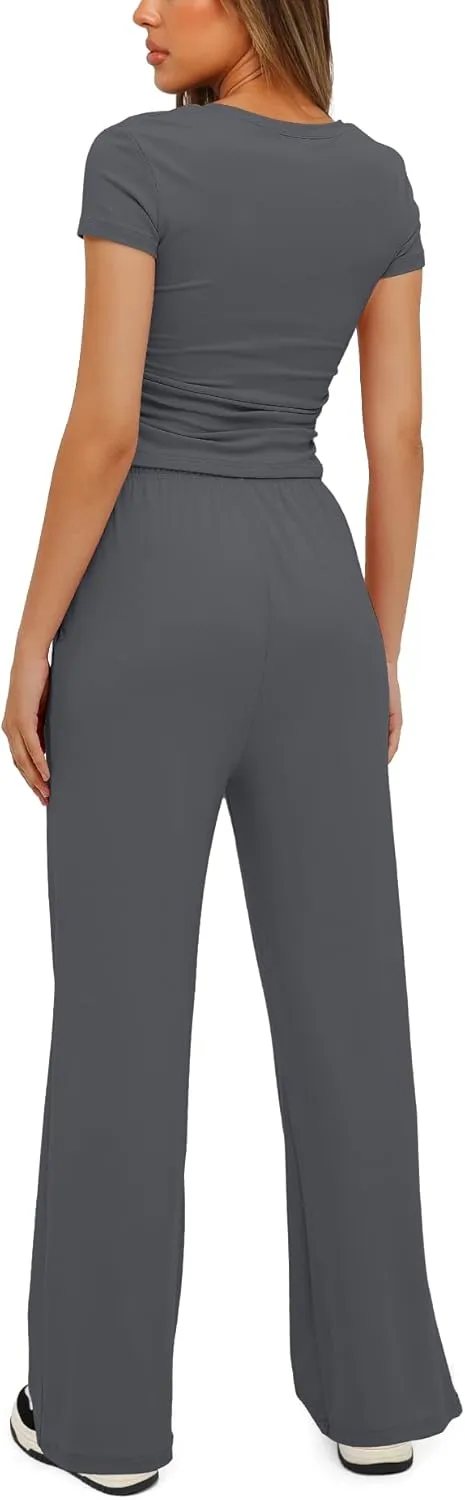 Darong Women's 2 Piece Outfits Lounge Sets Ruched Short Sleeve Tops High Waisted Wide Leg Pants Tracksuit Sets