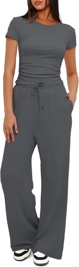 Darong Women's 2 Piece Outfits Lounge Sets Ruched Short Sleeve Tops High Waisted Wide Leg Pants Tracksuit Sets