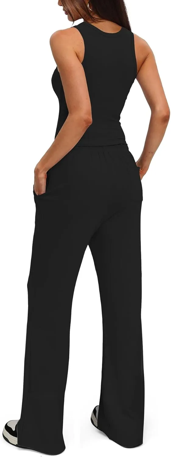 Darong Women's 2 Piece Outfits Lounge Sets Sleeveless Tank Tops Wide Leg Pants Sets Tracksuits Match Sets