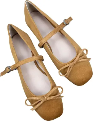 Dear Time Women's Faux Suede Mary Janes Bow Flats Buckle Strap Shoes Square Toe Comfortable Ballet Flats