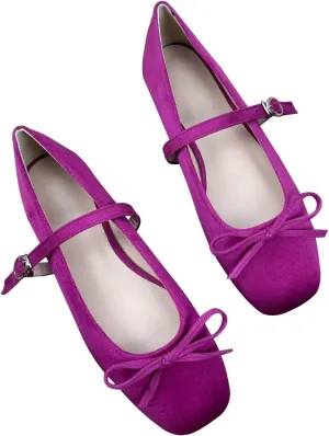 Dear Time Women's Faux Suede Mary Janes Bow Flats Buckle Strap Shoes Square Toe Comfortable Ballet Flats