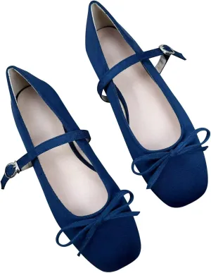 Dear Time Women's Faux Suede Mary Janes Bow Flats Buckle Strap Shoes Square Toe Comfortable Ballet Flats