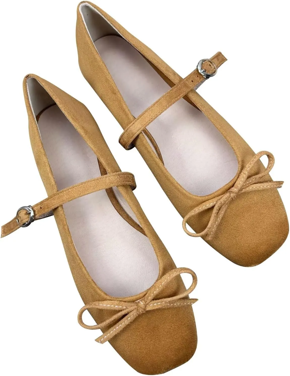 Dear Time Women's Faux Suede Mary Janes Bow Flats Buckle Strap Shoes Square Toe Comfortable Ballet Flats