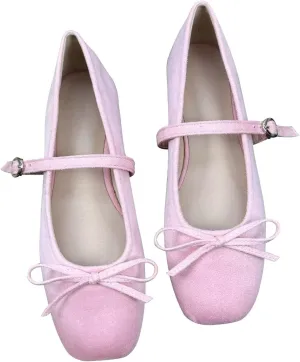 Dear Time Women's Faux Suede Mary Janes Bow Flats Buckle Strap Shoes Square Toe Comfortable Ballet Flats