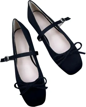 Dear Time Women's Faux Suede Mary Janes Bow Flats Buckle Strap Shoes Square Toe Comfortable Ballet Flats
