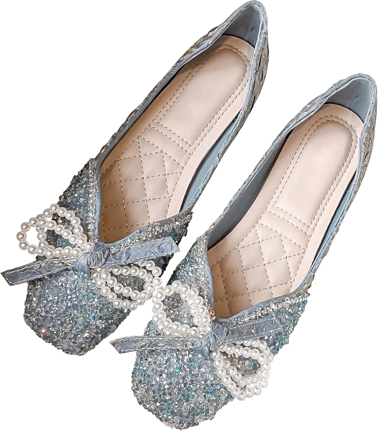 Dear Time Women's Pearl Bow Flats Rhinestones Wedding Ballet Flats Elegant Dressy Sparkly Shoes