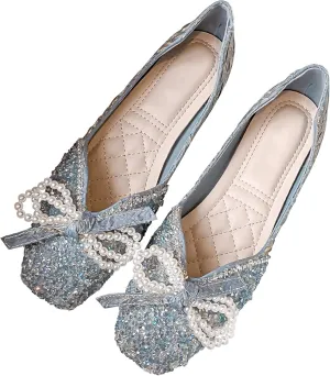 Dear Time Women's Pearl Bow Flats Rhinestones Wedding Ballet Flats Elegant Dressy Sparkly Shoes