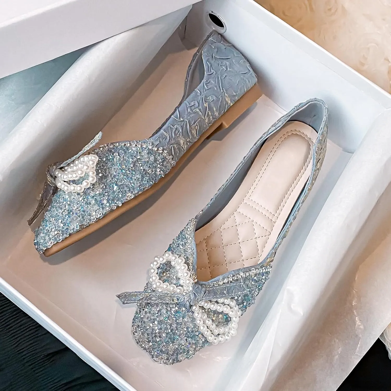 Dear Time Women's Pearl Bow Flats Rhinestones Wedding Ballet Flats Elegant Dressy Sparkly Shoes