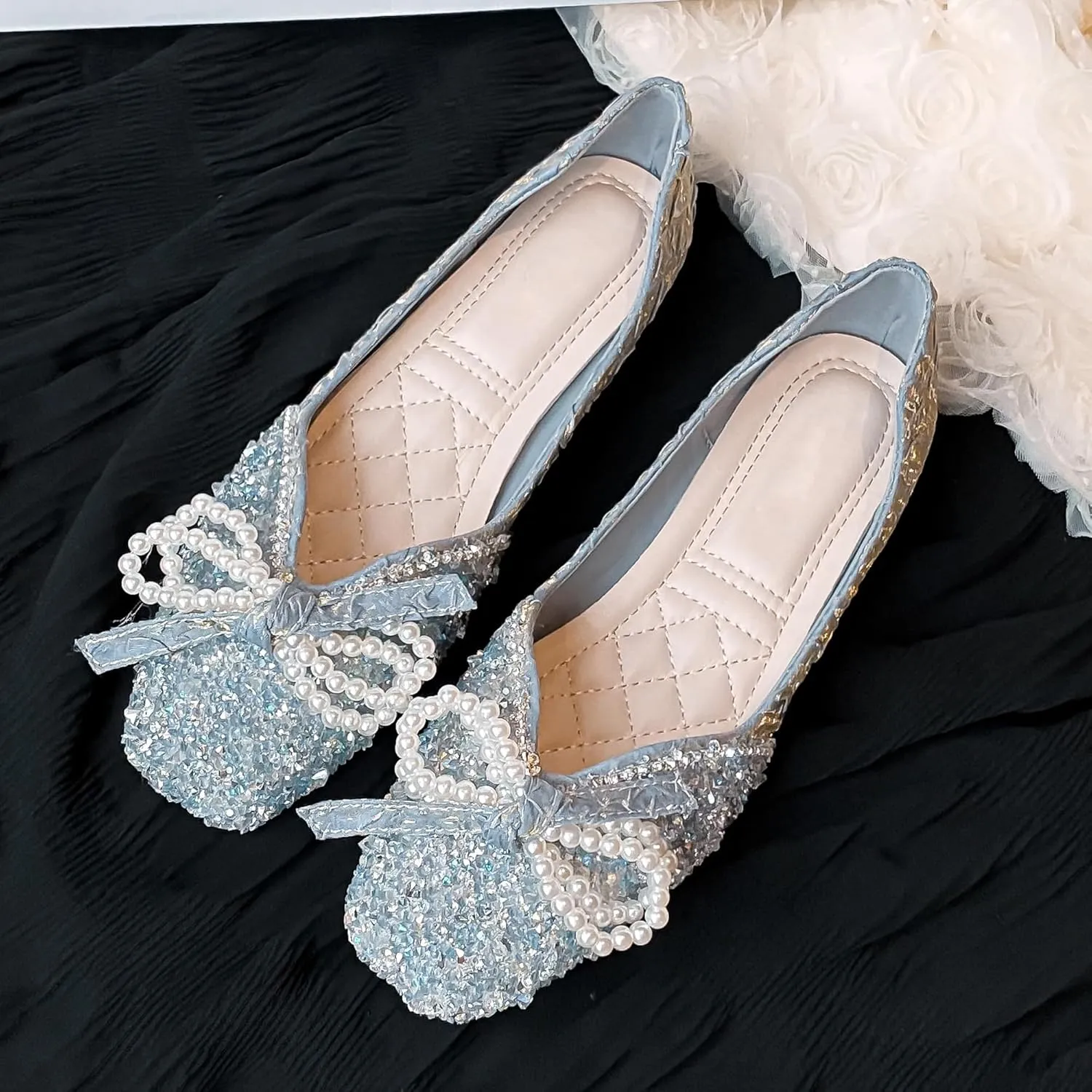 Dear Time Women's Pearl Bow Flats Rhinestones Wedding Ballet Flats Elegant Dressy Sparkly Shoes