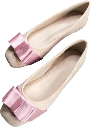 Dear Time Women's Square Toe Flats Cute Bowknot Wedding Bridal Flats Dress Shoes