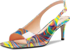 DearOnly Womens Mid Heel Open Square Toe Slingback Sandals Basic Classic Buckle Casual Prom Summer Shoes 2.6 Inches Heels