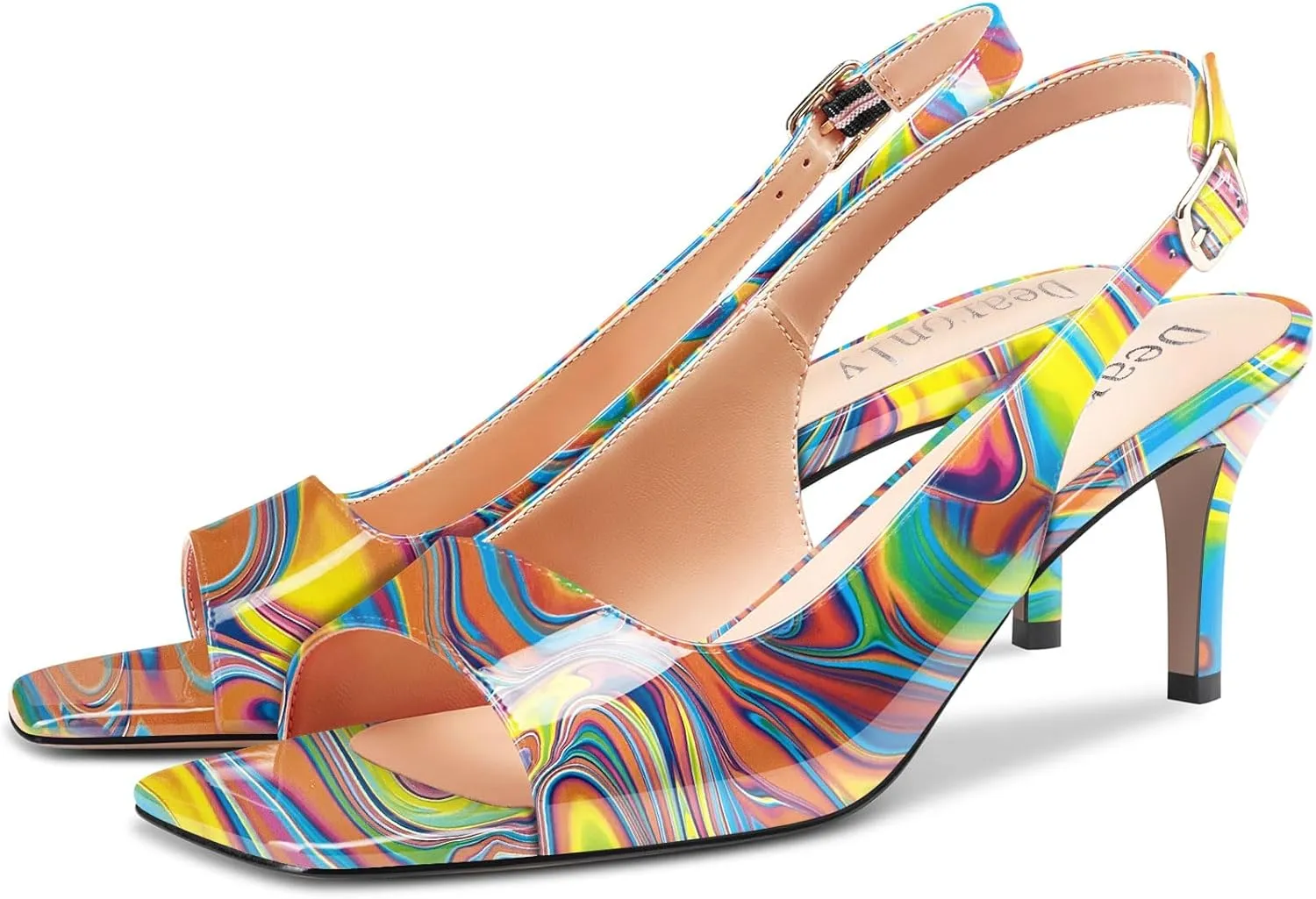DearOnly Womens Mid Heel Open Square Toe Slingback Sandals Basic Classic Buckle Casual Prom Summer Shoes 2.6 Inches Heels