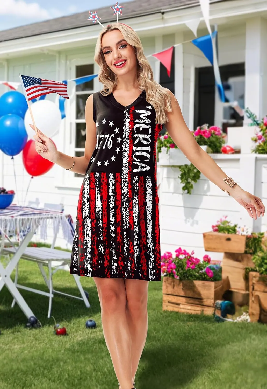Deerose July 4th Sleeveless Dress American Flag Swim Cover Up Dress with Pockets