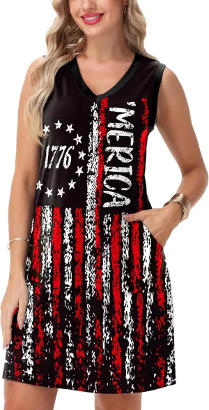 Deerose July 4th Sleeveless Dress American Flag Swim Cover Up Dress with Pockets