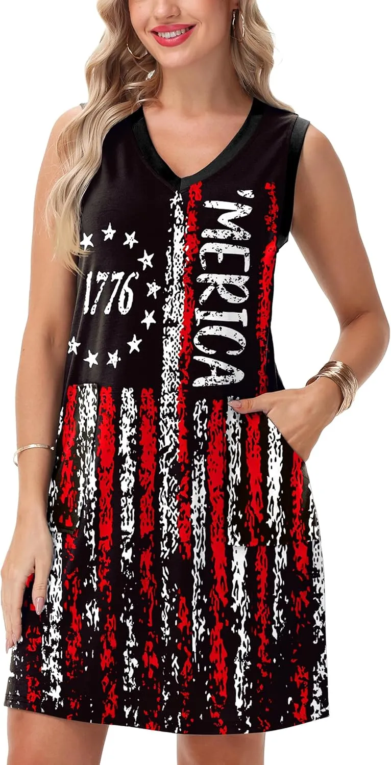 Deerose July 4th Sleeveless Dress American Flag Swim Cover Up Dress with Pockets