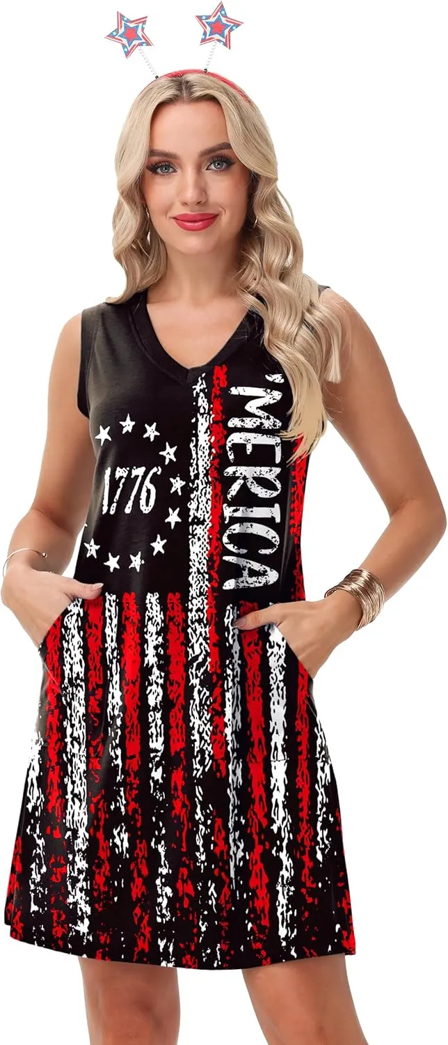 Deerose July 4th Sleeveless Dress American Flag Swim Cover Up Dress with Pockets