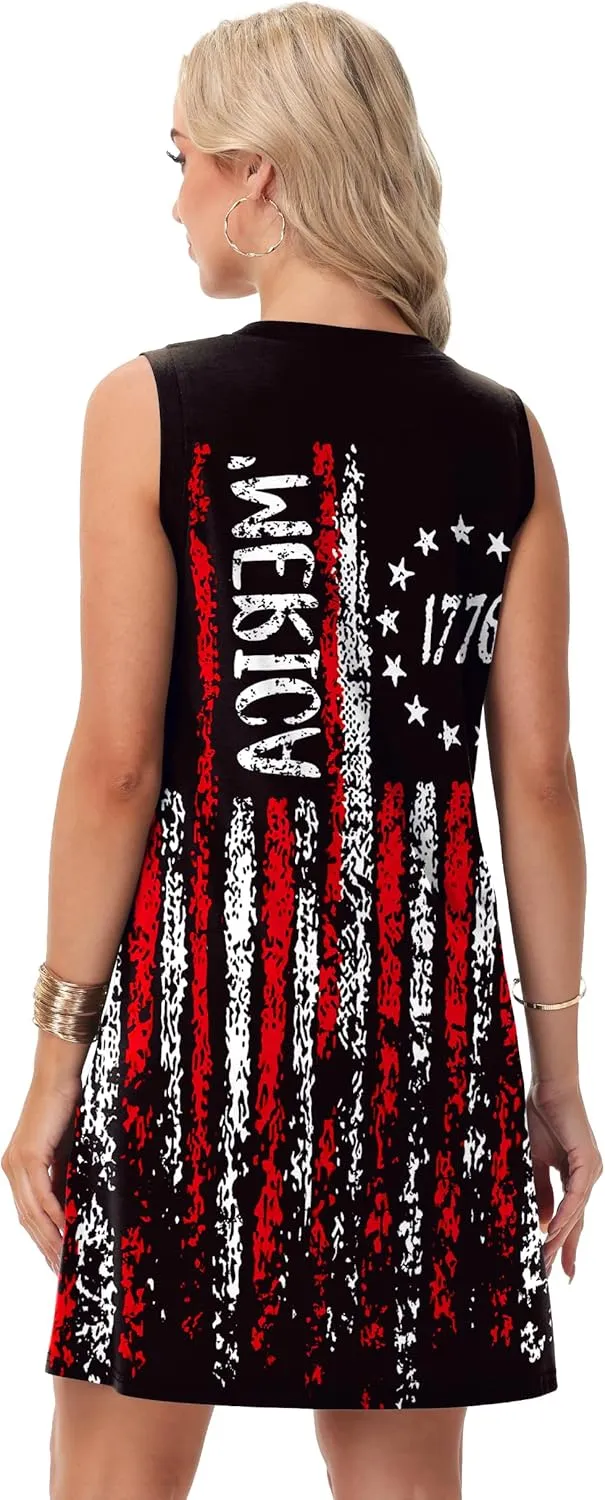 Deerose July 4th Sleeveless Dress American Flag Swim Cover Up Dress with Pockets