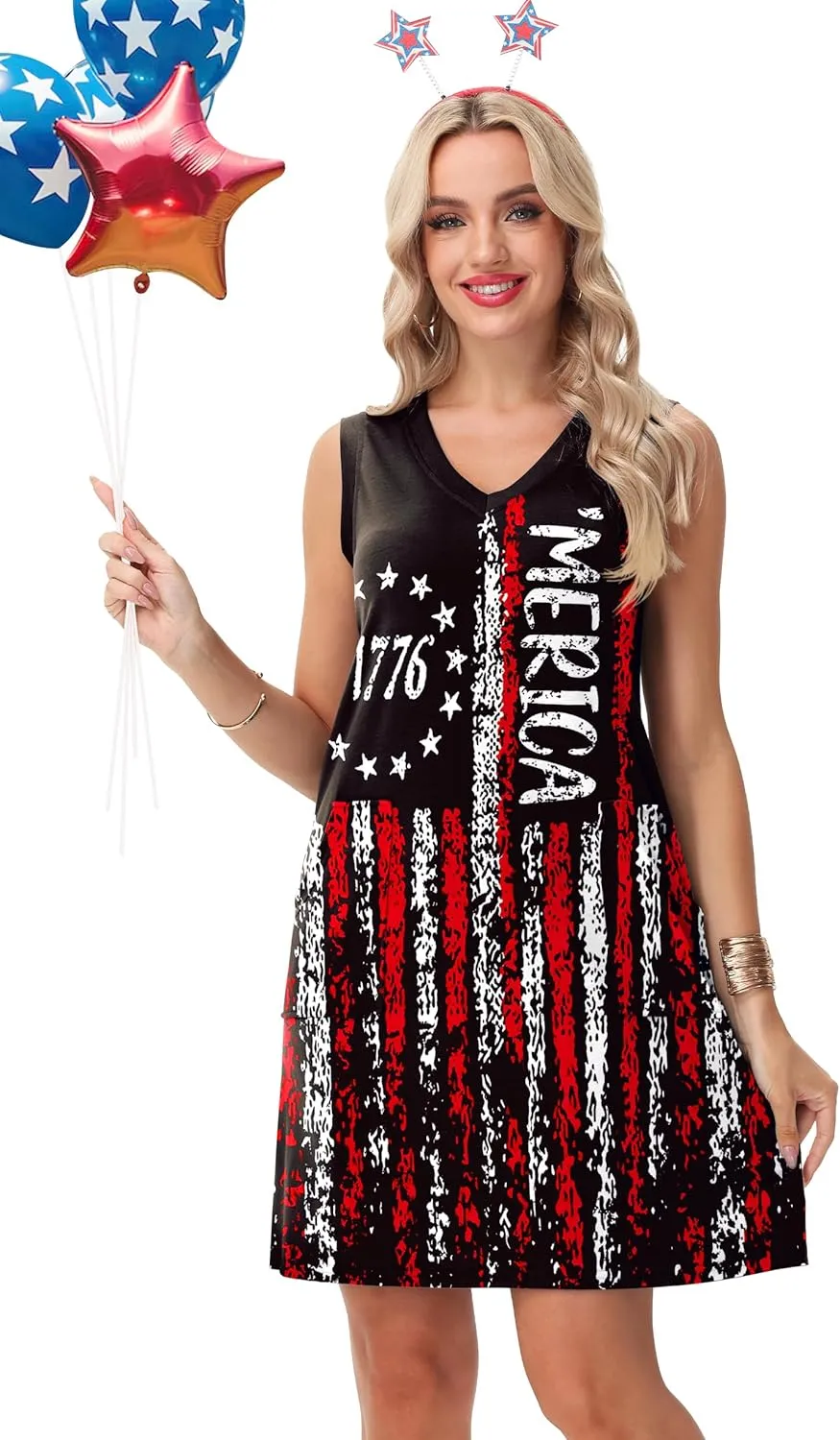Deerose July 4th Sleeveless Dress American Flag Swim Cover Up Dress with Pockets
