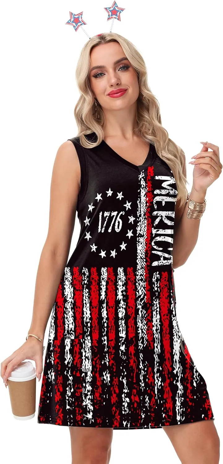 Deerose July 4th Sleeveless Dress American Flag Swim Cover Up Dress with Pockets