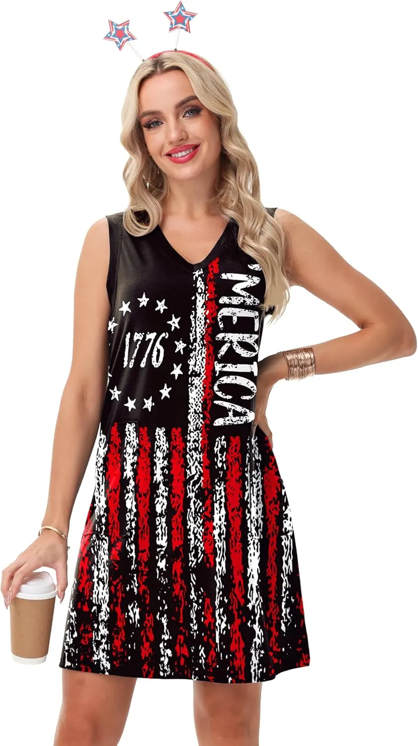 Deerose July 4th Sleeveless Dress American Flag Swim Cover Up Dress with Pockets