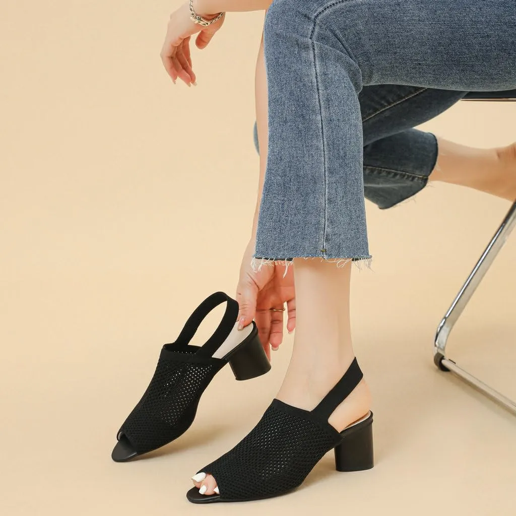 DINTAHA Open Toe Booties for Women,Knit Heeled Sandals, Chunky Heel Peep Toe Ankle Boots,Elastic Slingback Sandals
