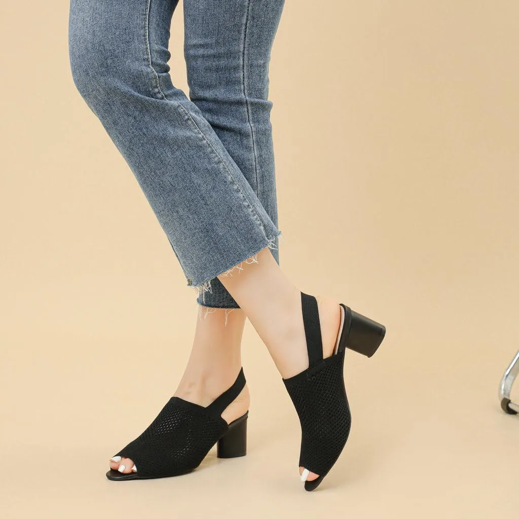 DINTAHA Open Toe Booties for Women,Knit Heeled Sandals, Chunky Heel Peep Toe Ankle Boots,Elastic Slingback Sandals