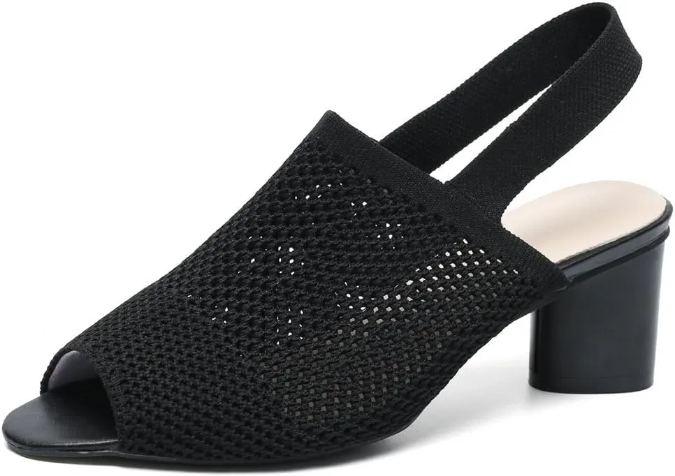 DINTAHA Open Toe Booties for Women,Knit Heeled Sandals, Chunky Heel Peep Toe Ankle Boots,Elastic Slingback Sandals