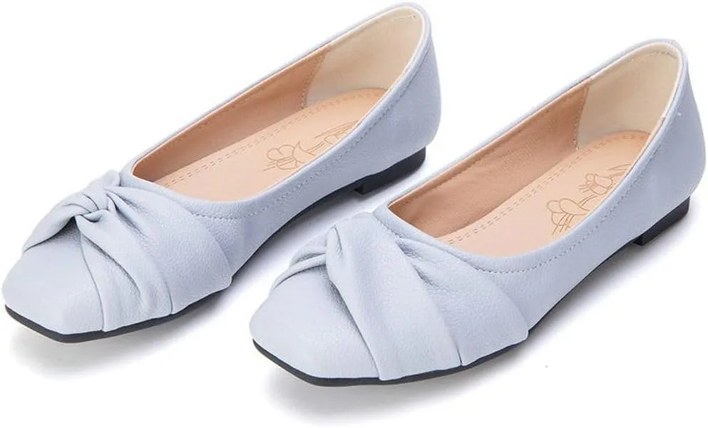 DINTAHA Womens Ballet Flat with Bow,Womens Square Toe Flats,Casual Slip On Work Flat Ballerina Shoes