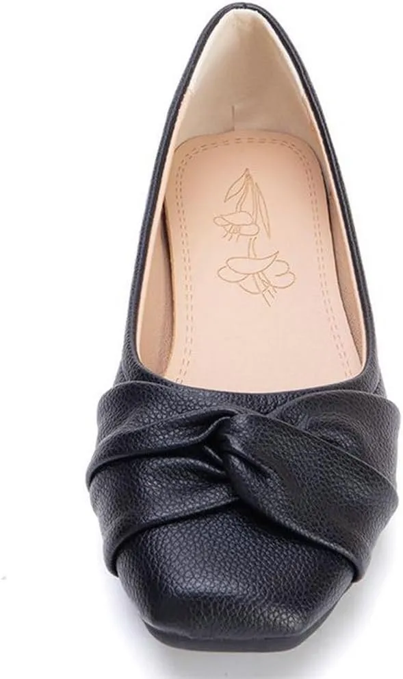 DINTAHA Womens Ballet Flat with Bow,Womens Square Toe Flats,Casual Slip On Work Flat Ballerina Shoes
